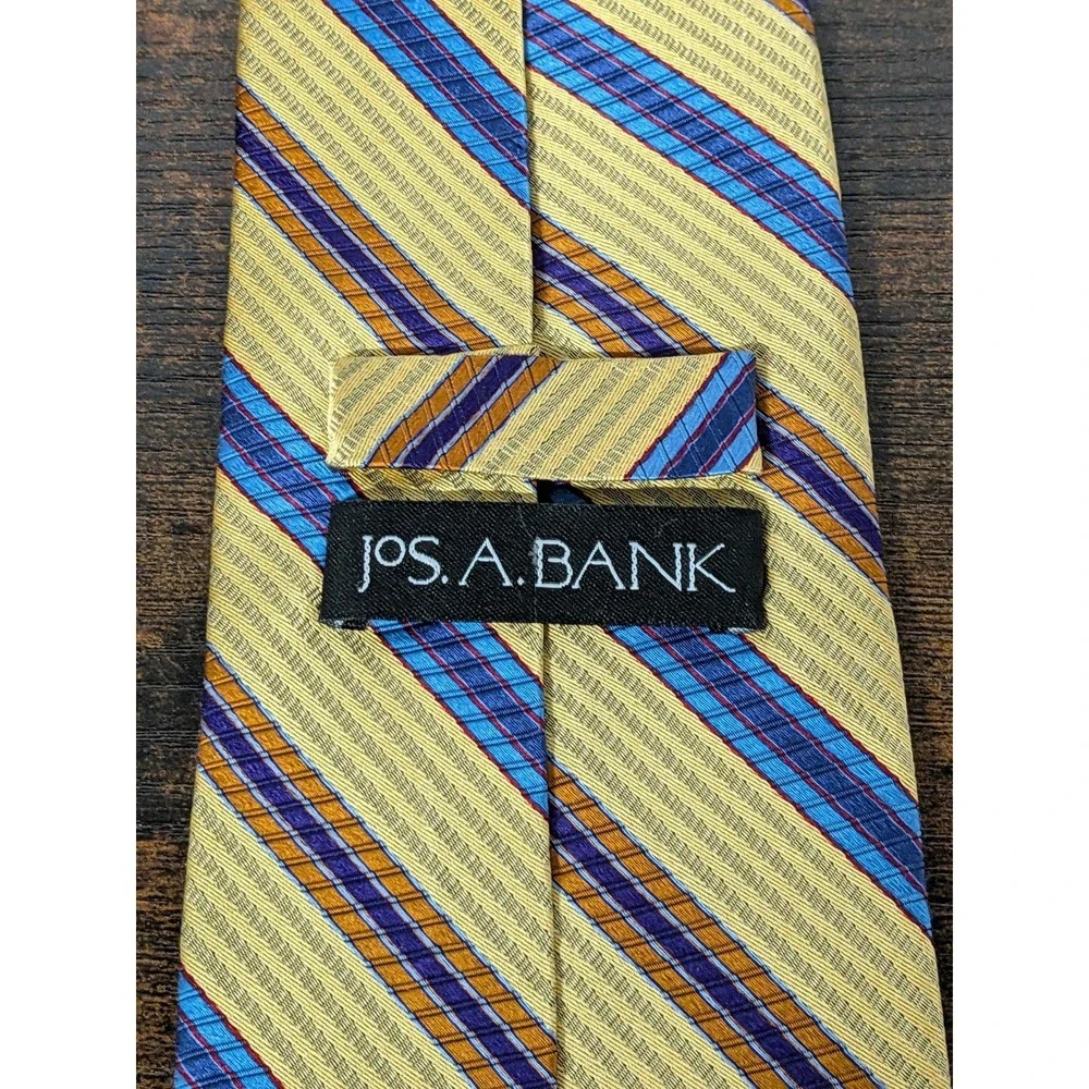 Jos A Bank Woven Silk Tie Gold‎ Blue Orange Striped 60